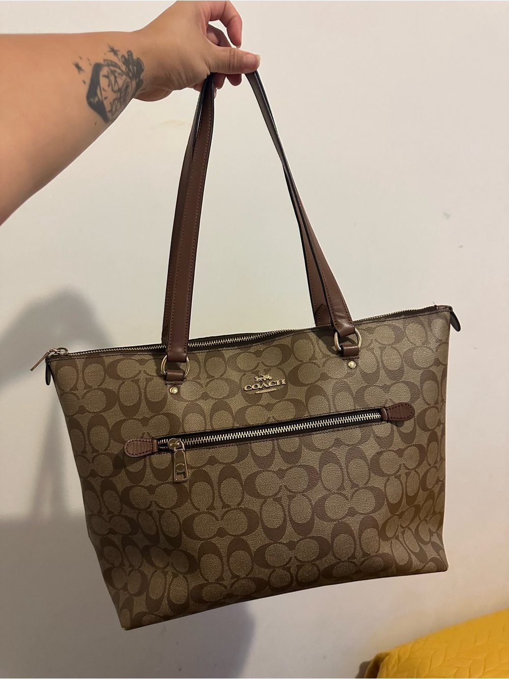 Coach Signature Monogram Tote in Brown and Tan